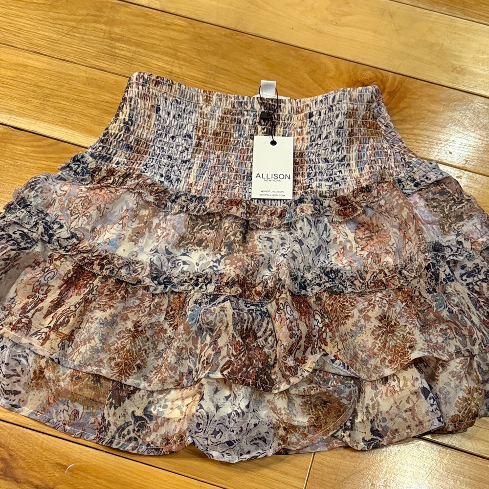 Allison Smocked Tiered Ruffle Mini Skirt in Mixed Brown & Blue